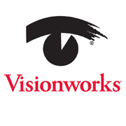Visionworks logo written in red ink